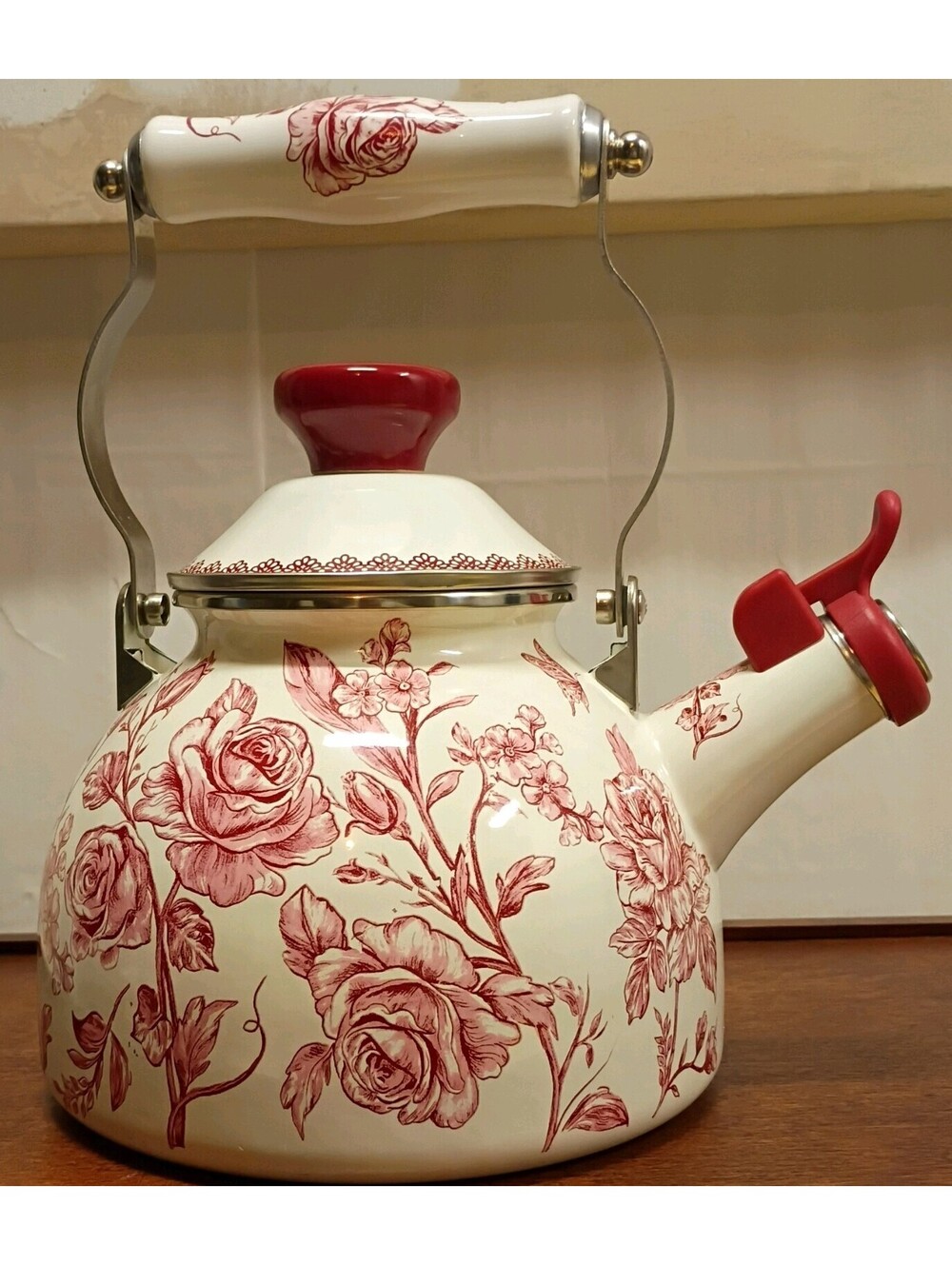 Pioneer Woman Agatha Red Tea Kettle 2-Qt Floral Enamelware